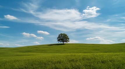 Lone Tree on Rolling Green Hills Under a Vibrant Blue Sky with Fluffy Clouds : Generative AI