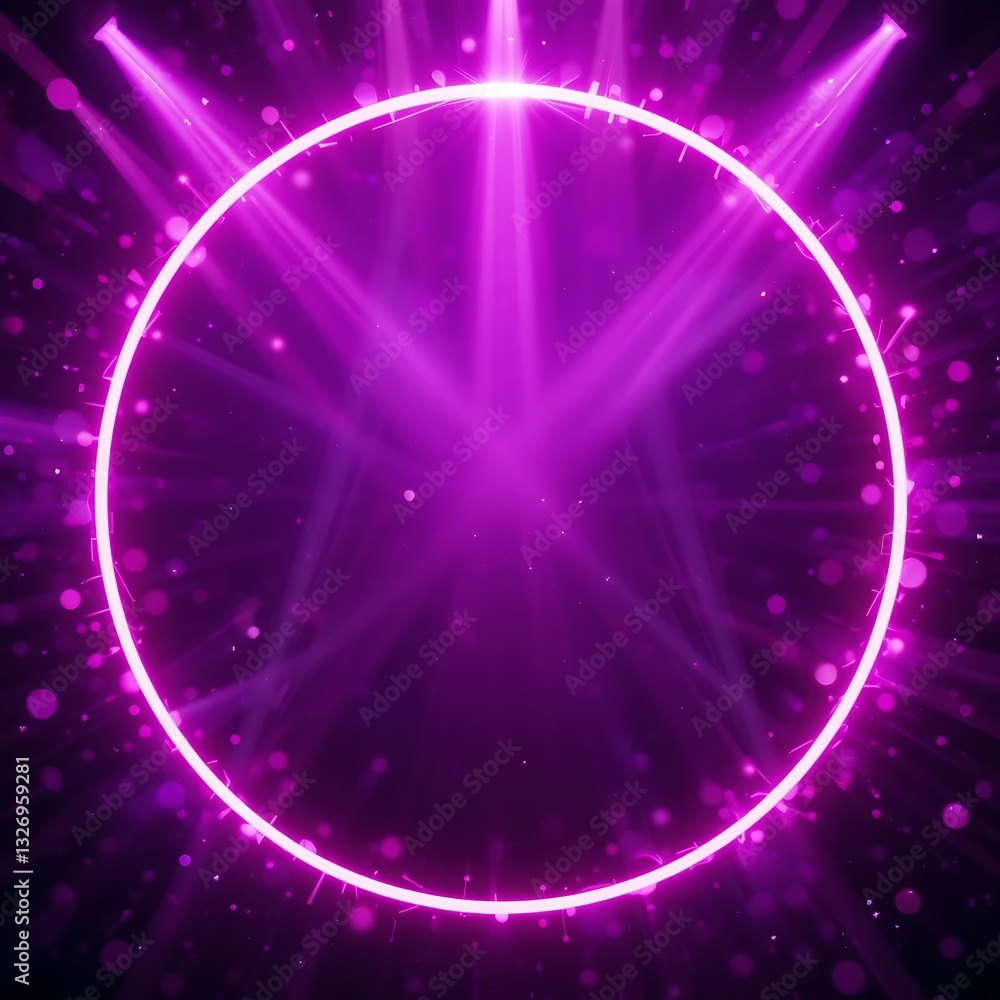 Poster illuminated neon circle with sparkling particles and light rays in magenta