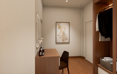 Interior of modern bedroom with beige and wooden walls, wooden floor	