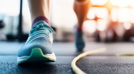 Closeup view of athletic shoes on gym floor with rope for fitness routines : Generative AI