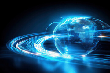 Illuminated globe surrounded by dynamic light trails, symbolizing modern communication networks
