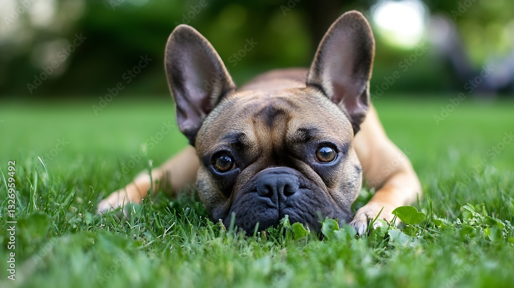 Aufkleber french bulldog lying relaxed on the grass with a curious expression : generative ai