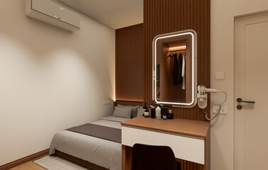 Fototapeta premium Interior of modern bedroom with beige and wooden walls, wooden floor 
