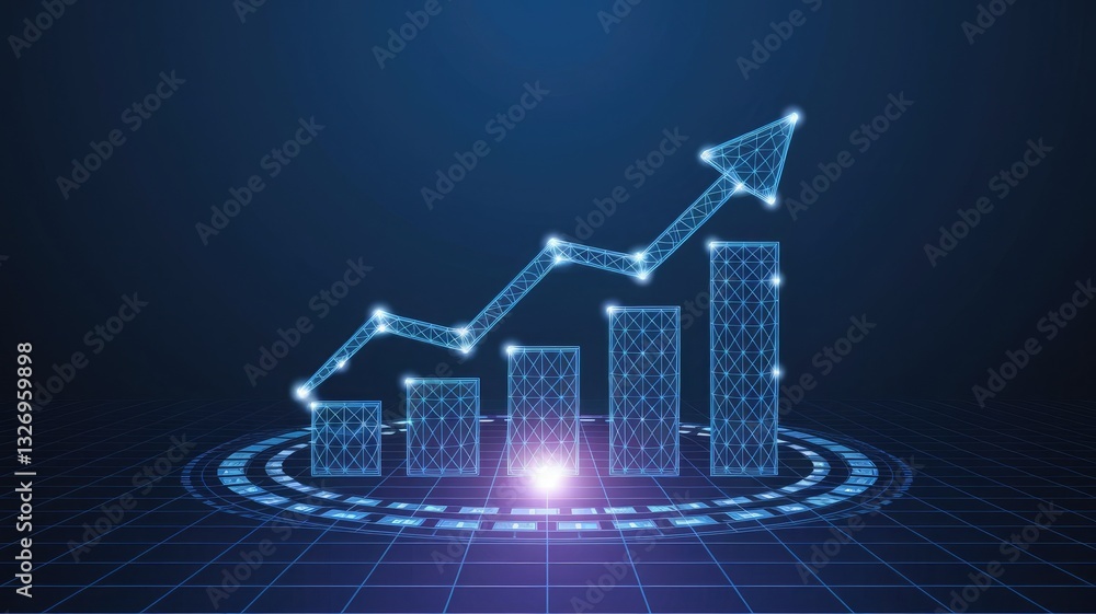Poster abstract blockchain hologram and growth graph chart consist of glowing arrows. digital growing diagr