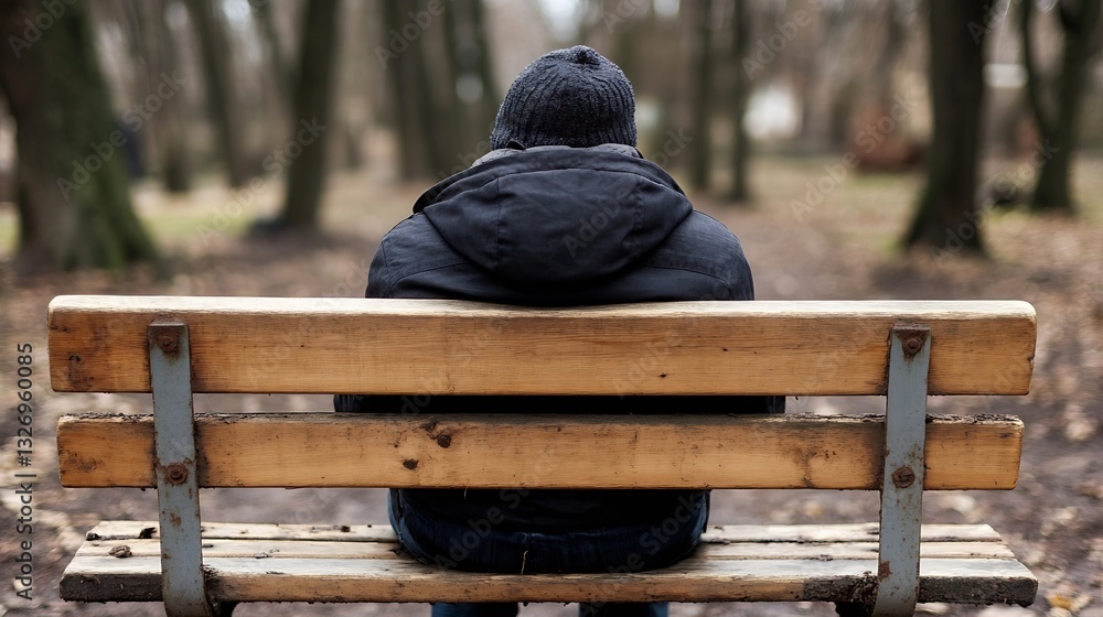 Aufkleber lonely figure sitting on park bench captured from behind in a quiet natural setting : generative ai