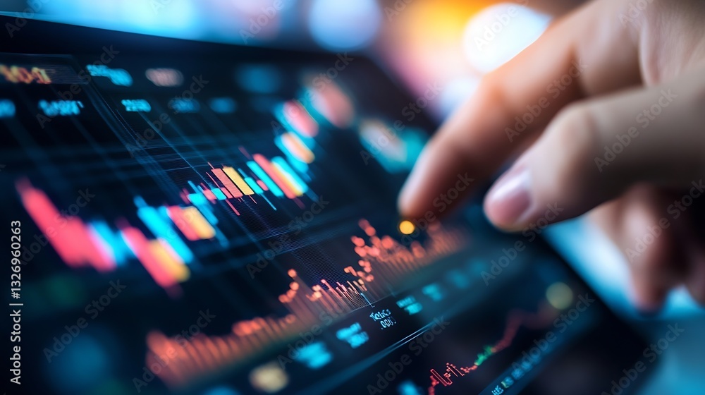 Poster Close up view of a person using a tablet to analyze financial market data with colorful graphs and charts : Generative AI