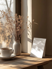 Cozy morning setup with coffee and dried flowers