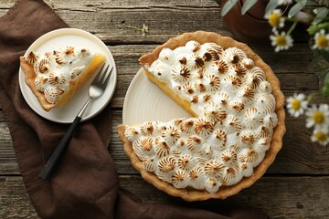 Delicious pie with browned meringue served on wooden table, flat lay