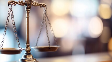Close up of a balanced scale symbolizing justice and law in a blurred background : Generative AI