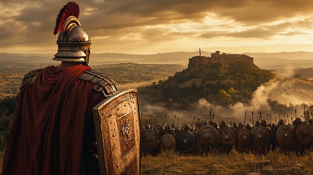 Roman Legionaries Surveying a Fortified Landscape - Powered by Adobe