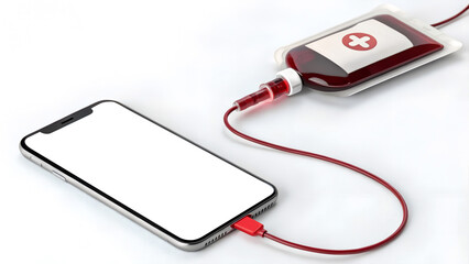Mobile phone screen with writing space powered by a blood bag. White background