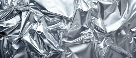 Abstract silver foil texture with crumpled surface and bright reflections creating a modern and industrial look perfect for backgrounds and designs