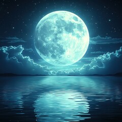 A serene night scene featuring a glowing full moon reflecting on calm waters, surrounded by clouds and twinkling stars.