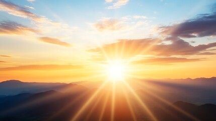 Fototapeta premium Stunning sunrise over mountain range with sun rays shining through clouds : Generative AI