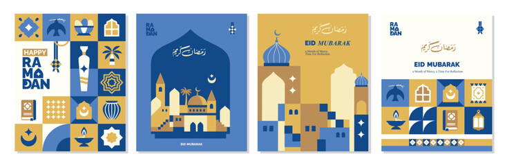 a set of banners, posters, greeting cards and ramadan kareem covers blue color with islamic elements, moon, mosque and islamic icons
