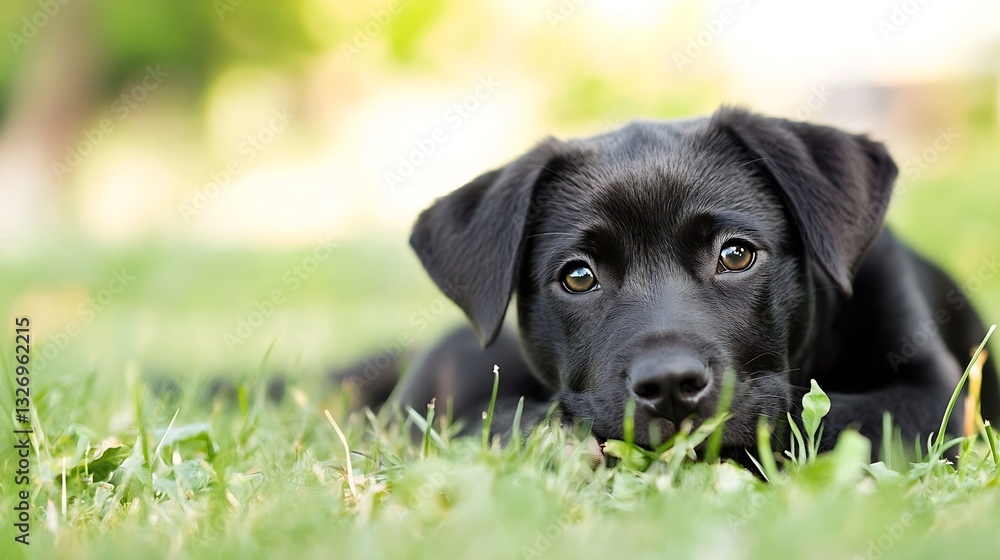 Poster adorable black labrador puppy resting on the green grass with dreamy eyes and playful demeanor : gen