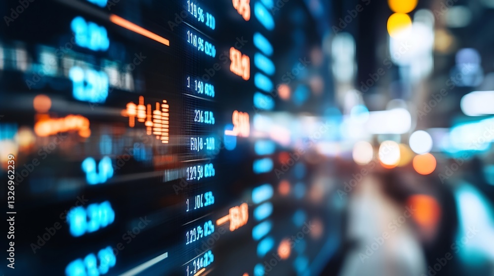 Aufkleber Close up of a digital stock market screen displaying fluctuating numbers and graphs in a modern city : Generative AI