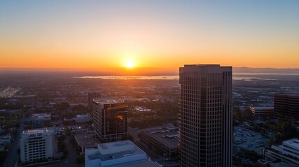 Fototapeta premium Breathtaking sunset view over urban skyline at dusk with vibrant colors and city lights : Generative AI