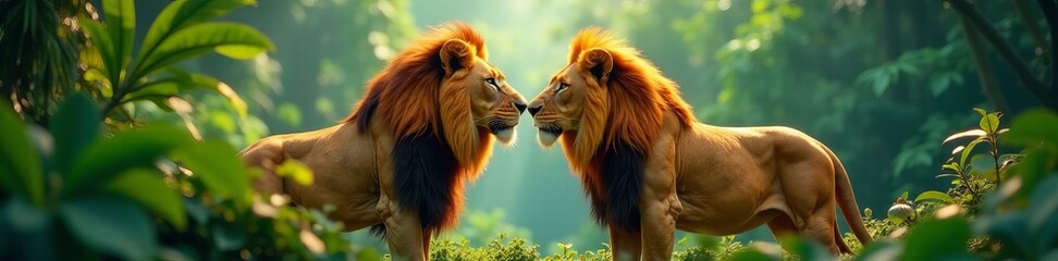 Fototapeta premium Vibrant lion duo in lush tropical jungle setting, nature, African, exotic