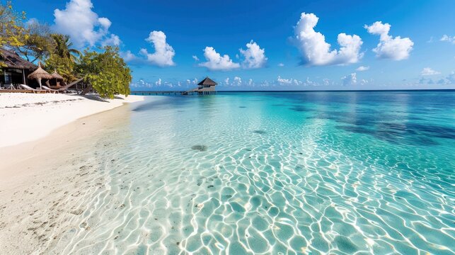 Tranquil tropical beach with crystal clear water and blue sky