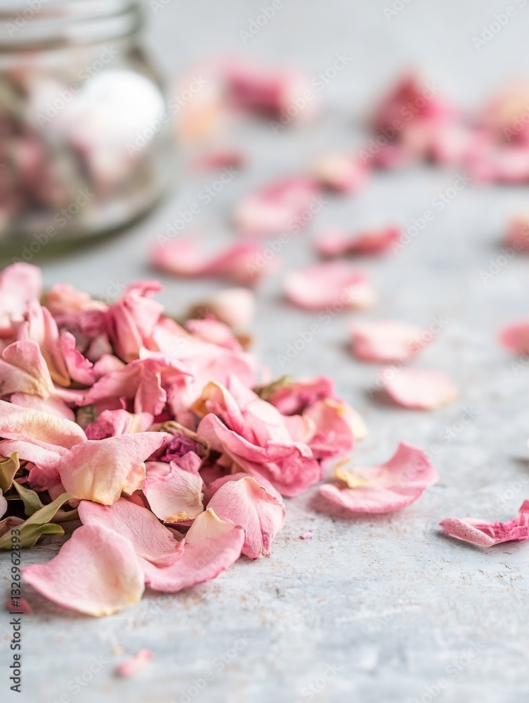 Aufkleber airy pink rose petals scattered on a soft blue surface adding a feminine touch : generative ai