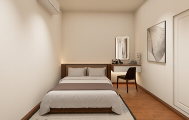 Interior of modern bedroom with beige and wooden walls, wooden floor.
