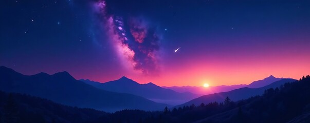 Vibrant night sky with Neowise comet shining brightly over silhouette of mountains, night, astronomy
