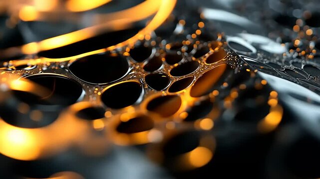 Abstract close-up of glossy black and orange bubbles interconnected, creating a mesmerizing visual effect