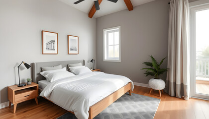 Bedroom of simple house, angled photoshot. White tone