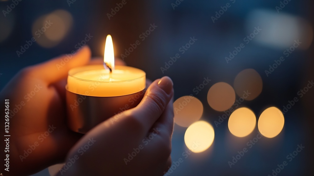 Fototapete Warm candle glowing in hand creating a serene atmosphere with soft bokeh background : Generative AI