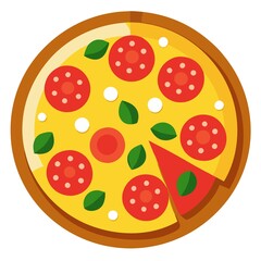 Delicious pepperoni pizza with basil leaves and cheese slice missing for food lovers feast