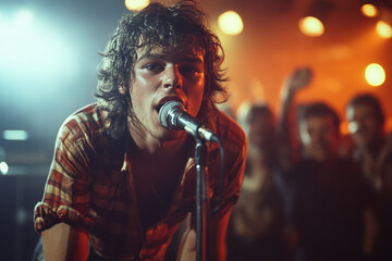 Man with long hair in plaid shirt singing into microphone.