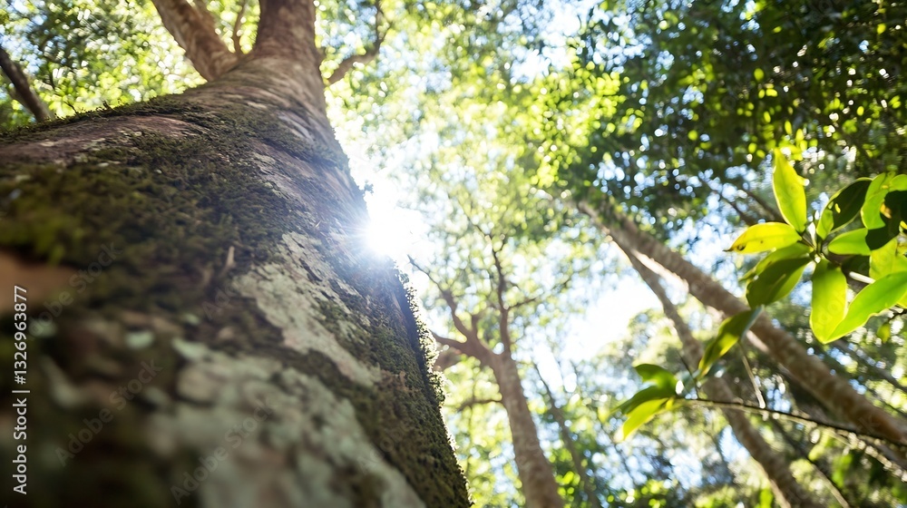 Poster Sunlight filtering through lush greenery of a forest highlighting the beauty of nature : Generative AI