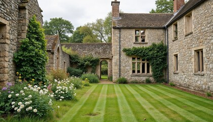 historic stone manor courtyard with lush green lawn and blooming garden, medieval castle travel and countryside heritage exploration