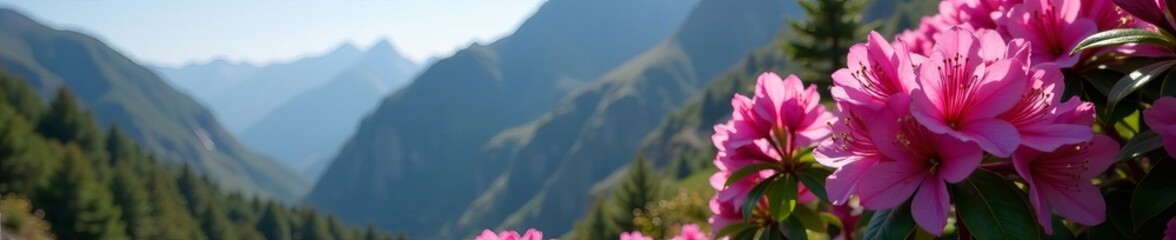 Fototapeta premium Vibrant pink rhododendron flowers bloom against a rocky mountain backdrop, backdrop, flowers