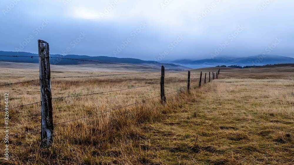 Poster serene landscape with fences framing the fields under a cloudy sky : generative ai