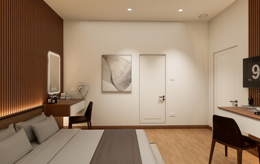 Interior of modern bedroom with beige and wooden walls, wooden floor.
