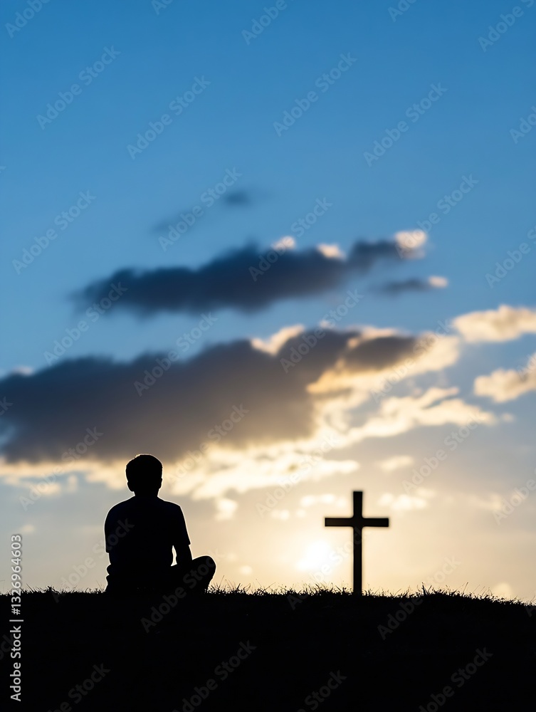 Poster silhouette of a meditating person on a hill at sunset with a prominent cross in the background : gen