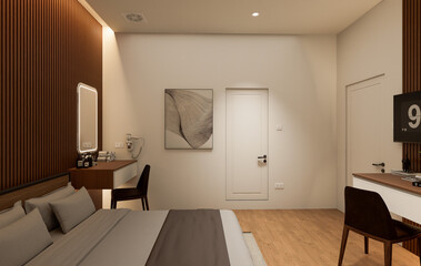 Interior of modern bedroom with beige and wooden walls, wooden floor.
