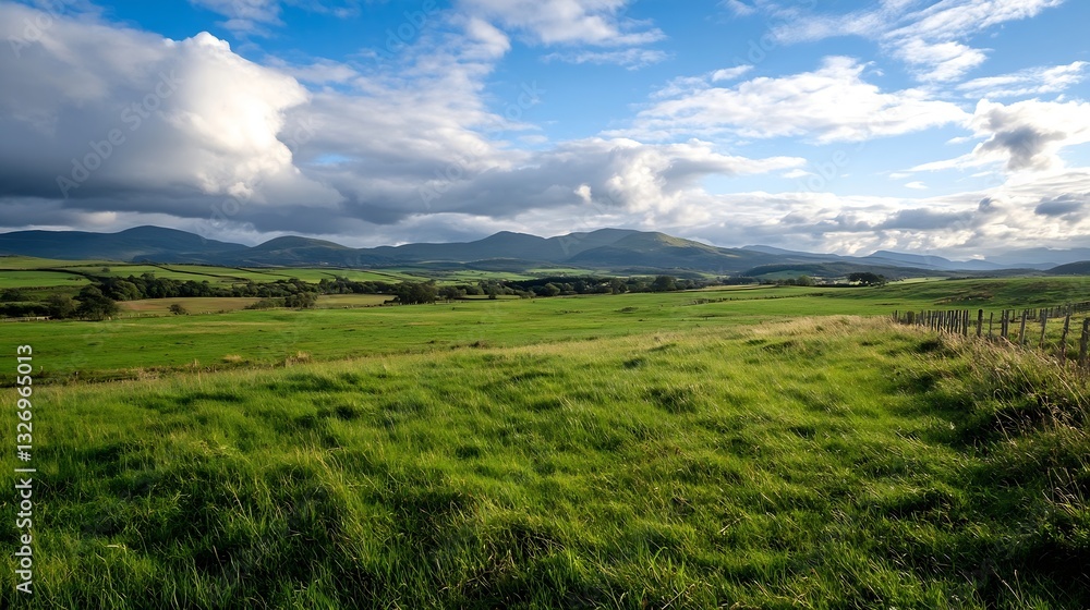 Poster stunning panoramic view of lush green fields and rolling hills under a blue sky with scattered cloud