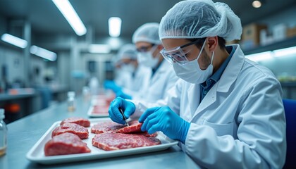 "A synthetic food scientist creating lab grown meat samples under a sterile, futuristic lab setting."
