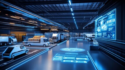 Naklejka premium Autonomous Delivery Drones and Electric Trucks in a Logistics Hub