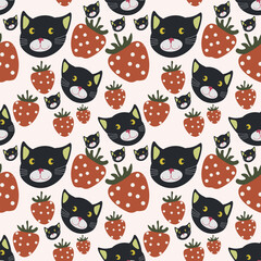 Cat with fruits vector ilustration seamless patern.Great for textile,fabric,wrapping paper,and any print.Eps 10.