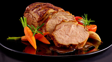 Kalbsrueckenbraten auf Schwarz, Fleisch, Kalbsfleisch, kalbsrücken, Sonntagsbraten, Braten, 