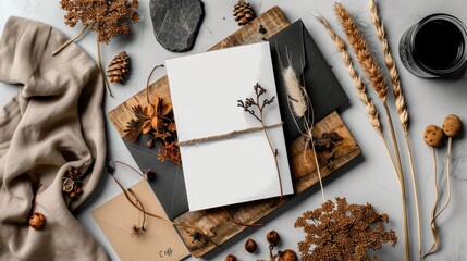 Rustic Flat Lay Composition with Natural Elements and Stationery