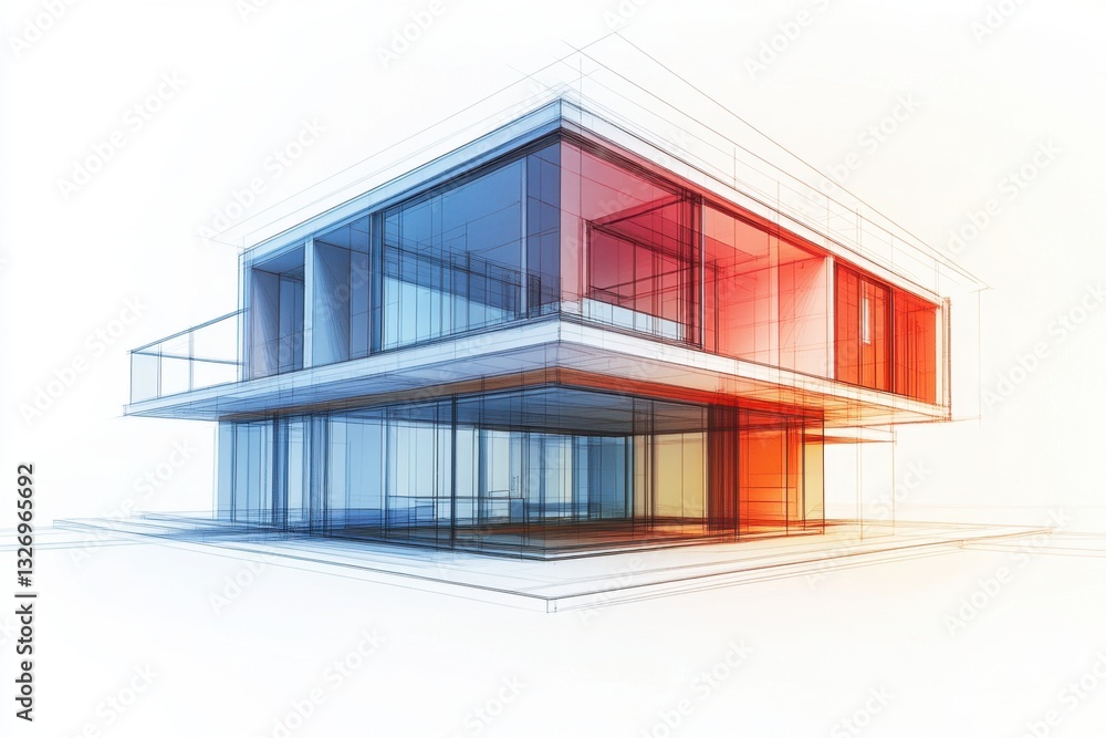 Poster architectural blueprint of modern house design with vibrant color accents and precise lines on a bri