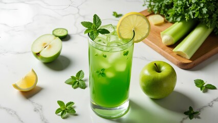 Fototapeta premium A refreshing green drink garnished with mint, surrounded by apples, celery, and lemon slices on a marble countertop.