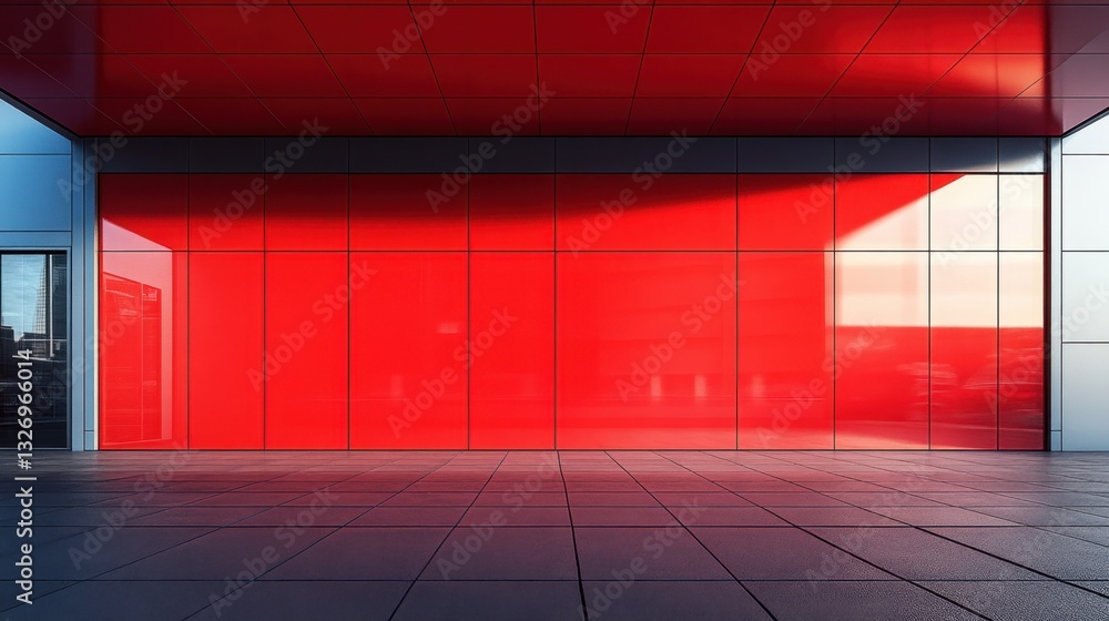 Poster modern architecture with vibrant red wall and tiled floor creating a sleek urban space with geometri