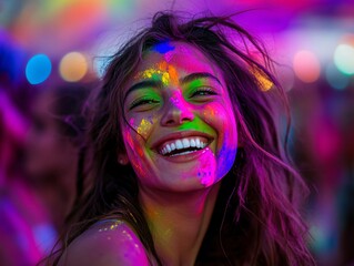 Festivalgoer celebrating colorful dance music festival portrait vibrant atmosphere close-up joyful expression