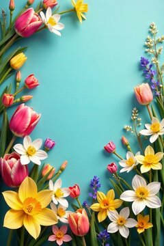 Fototapeta Vibrant spring flower border with tulips, daisies, and daffodils, border, daffodil